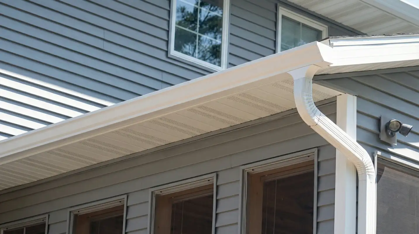 Professional home remodeling project showing newly installed white seamless gutters and downspouts on a house with gray siding in Fort Wayne, IN