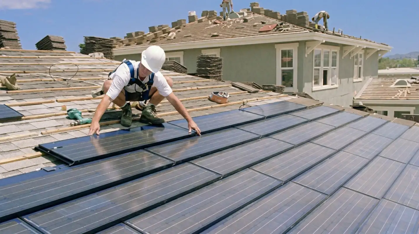 Roof replacement expert installing modern solar shingles on a residential home in Fort Wayne, IN