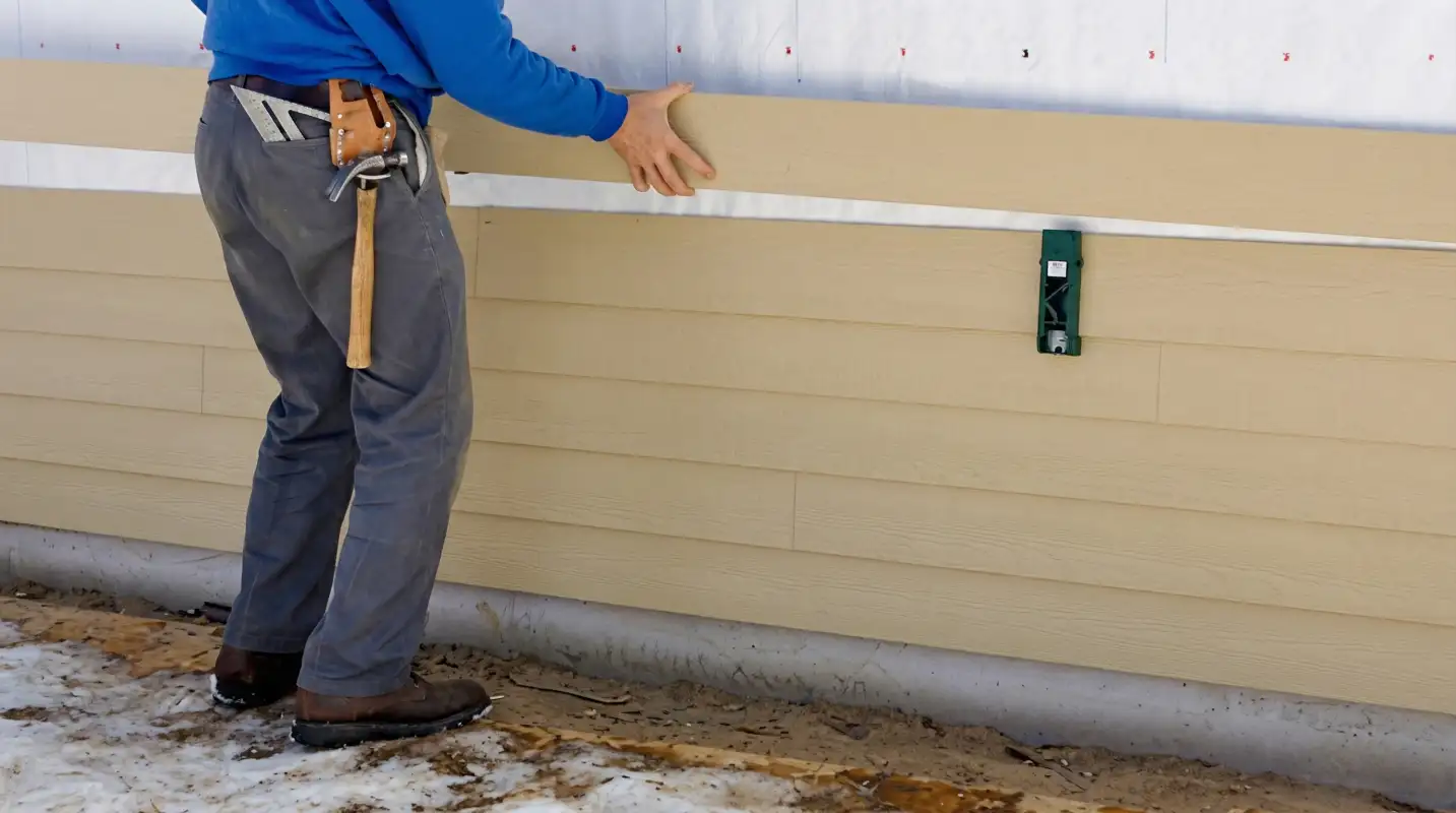 Siding replacement expert carefully aligning a new tan siding panel onto a residential exterior wall in Fort Wayne, IN