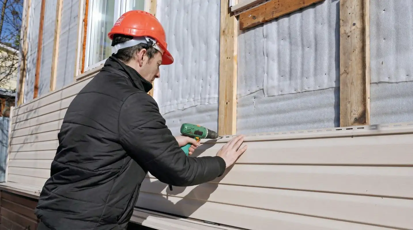 Siding replacement professional using a power drill to install new tan vinyl siding on a home exterior in Fort Wayne, IN