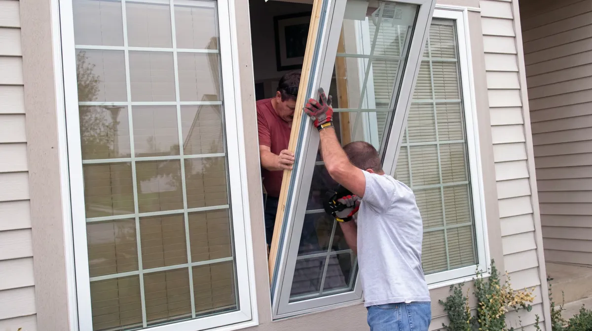 Professional home remodeling team installing a large replacement window on a house with tan siding in Fort Wayne, IN