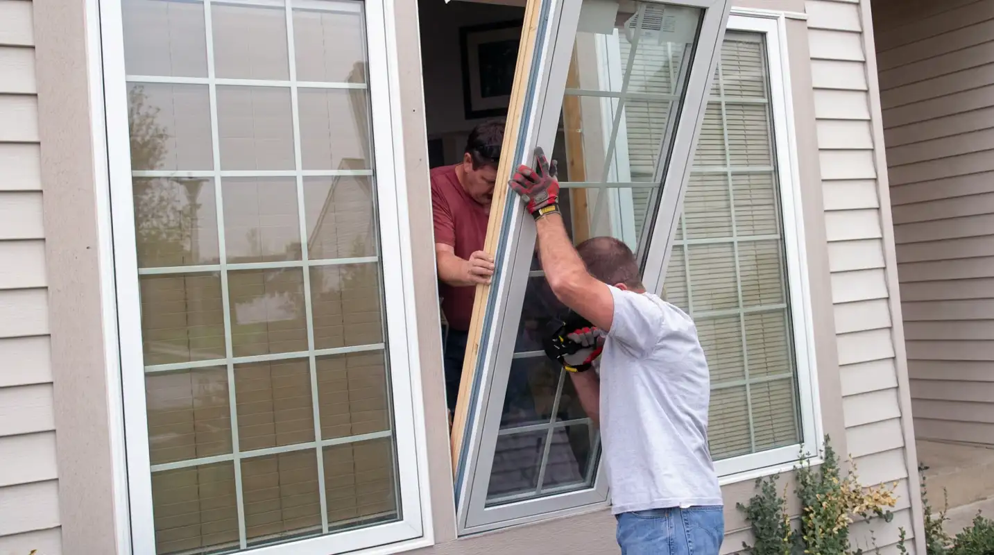 Professional home remodeling team installing a large replacement window on a house with tan siding in Fort Wayne, IN